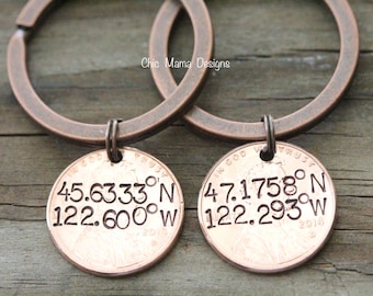 Best Friends Keychains - Lucky Penny Keychains -  Latitude Longitude - Coordinates Keychain - Lucky US - Valentines Day Gift