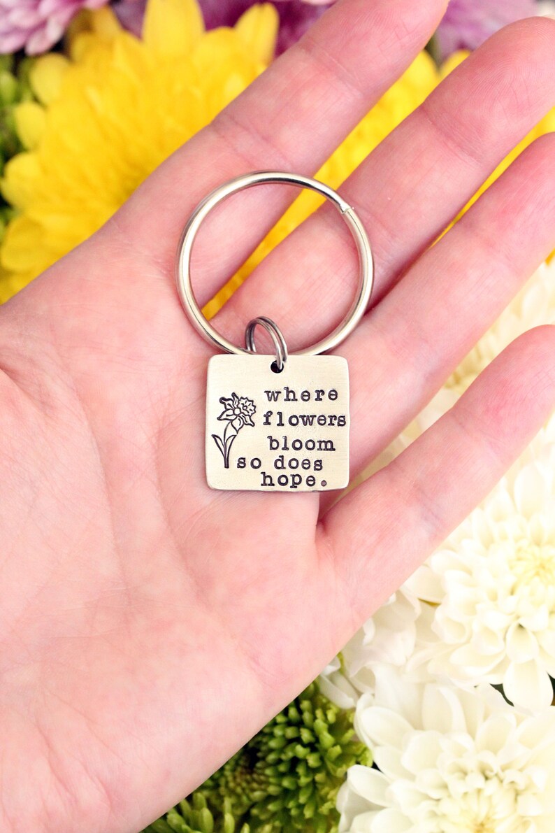 Personalized Keychain Mantra Keychain Birthflower Keychain Bloom with Grace Inspirational Quote Gift For Her Graduation Gift image 3