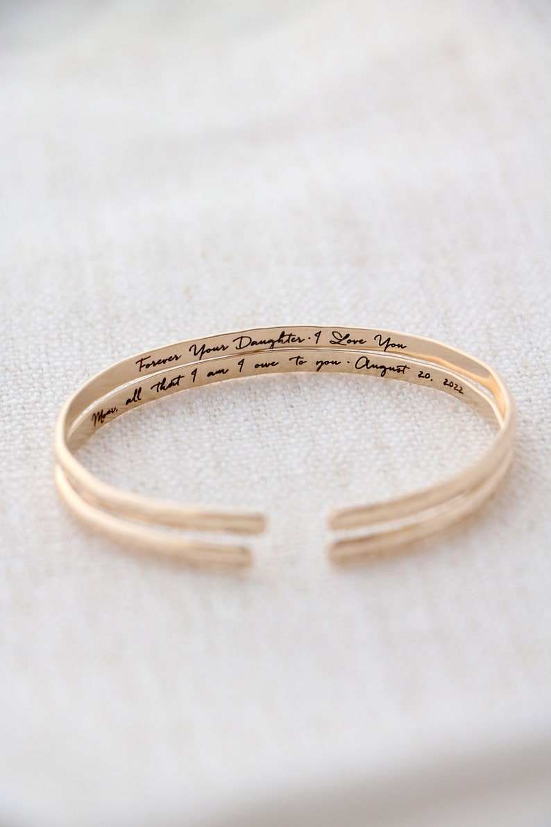 4mm Cuff Bracelet Actual Handwriting Mother of the Bride Gift Stacking Gold Cuff Personalized Cuff Bracelet Secret Message Cuff image 1