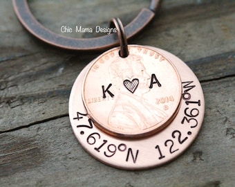 Personalized Lucky Penny Keychain -Copper Penny Keychain- Longitude Latitude - 7 year Anniversary Gift - Coordinates Keyring - Husband Gift