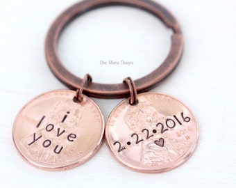 Lucky US Penny Keychain - Wedding Date Keepsake - Valentines Day Gift - Copper Anniversary Gift - Dad Gift - Personalized Penny Keychain