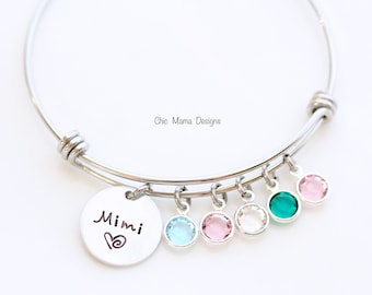 Personalized Birthstone Charm Bangle: Engraved Family Bracelet