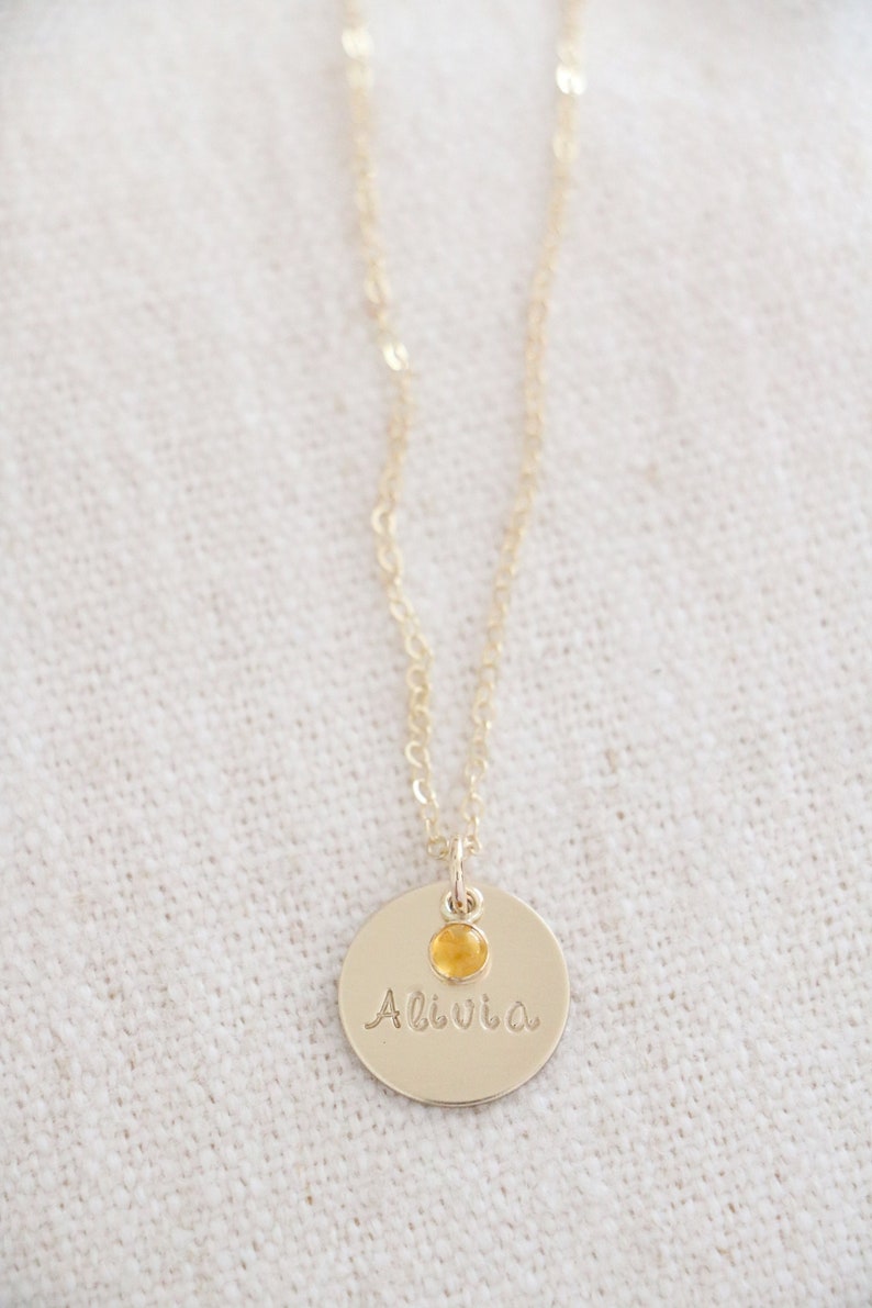 Gold Name Necklace with Birthstone Birthstone Necklace Birthstone Bar Necklace Disc with Name Nameplate Necklace New Mom Necklace image 3