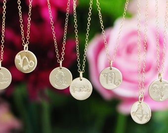 Zodiac Necklace - Zodiac Coin Necklace - Floral Zodiac - Birthflower Necklace - Birthday Gift For Her