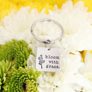 Personalized Keychain Mantra Keychain Birthflower Keychain Bloom with Grace Inspirational Quote Gift For Her Graduation Gift image 2