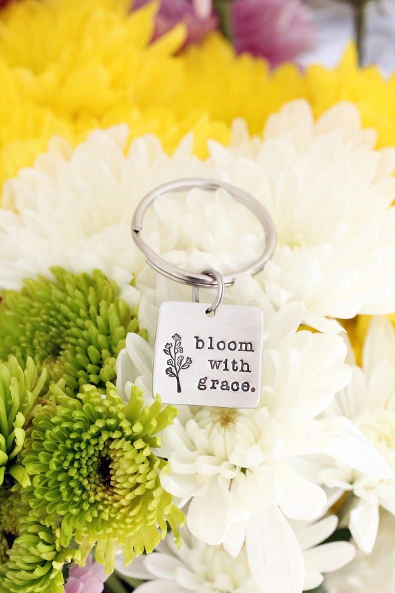 Personalized Keychain Mantra Keychain Birthflower Keychain Bloom with Grace Inspirational Quote Gift For Her Graduation Gift image 2