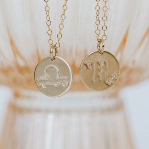 Zodiac Coin Necklace - Floral Zodiac - Birthflower Necklace - Scorpio Necklace - Birthday Gift For Her