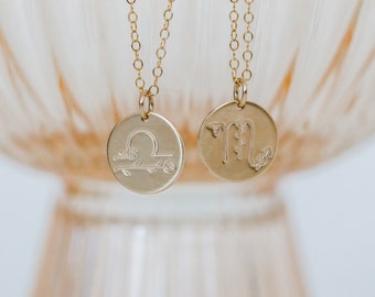 Zodiac Coin Necklace - Floral Zodiac - Birthflower Necklace - Scorpio Necklace - Birthday Gift For Her