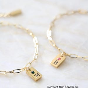 Op de afbeelding: Twee goudkleurige kettingarmbanden met rechthoekige bedels. E&eacute;n bedel toont de letter M met een groene steen, de andere de letter B met een roze steen. De tekst luidt: Request this charm as initial birthstone charm and include your initial (script or print font) + birthstone at checkout.