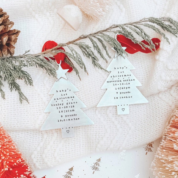 Personalized Baby's First Christmas Ornament: Hand Stamped Silver Tree