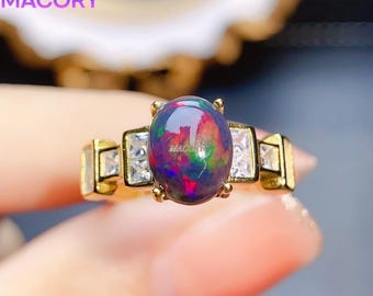 Natural Black Opal Ring, Handmade S925 Sterling Silver, Fall Birthday Gift For Her