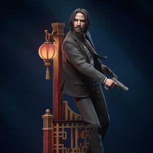 May include: A detailed figurine of a man with long dark hair and a beard, wearing a dark suit and holding a handgun. The figure leans against a wooden post featuring a glowing orange lantern and a decorative lattice screen on a stone-textured base.