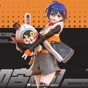 May include: A figurine of a character with short blue hair, wearing an orange and black jacket over a dark top and a grey skirt, holding a white and black rabbit-like plush toy with a red scarf. The text reads 12024, Welcome to New Eridu, and Amplifying Test.