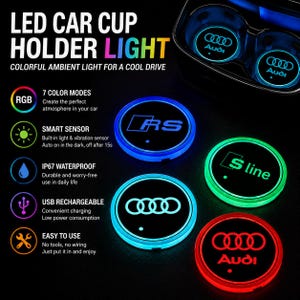 May include: Circular LED car cup holder coasters featuring Audi, RS, and S line logos. These USB rechargeable, waterproof, and sensor-activated light pads display various colours including blue, green, and red to illuminate vehicle interiors.
