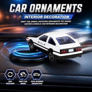 May include: A white and black toy car model featuring Japanese text on the side, designed as a car ornament. The vehicle is positioned on a circular base with blue light effects, accompanied by text labels including CAR ORNAMENTS and 360 ROTATION.
