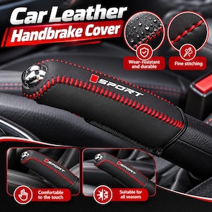 May include: A black leather car handbrake cover featuring red stitching and the text SPORT in white. The cover has a metallic silver button at the top. The image includes circular insets showing close-up details of the texture and stitching.