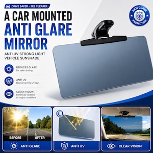 Puede incluir: Un parasol antideslumbrante para coche con un panel rectangular de color gris tintado y un clip de sujeción negro. El producto incluye el texto A CAR MOUNTED ANTI GLARE MIRROR, ANTI UV STRONG LIGHT VEHICLE SUNSHADE y ANTI GLARE PROTECTION.