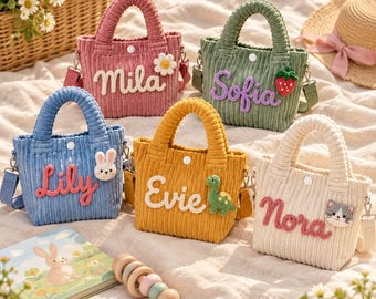 Bolso personalizado para niña pequeña, bolso bandolera infantil de pana con nombre personalizado, primer bolso, regalo de cumpleaños para niña, bolso para guardería preescolar.