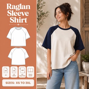 May include: A raglan sleeve shirt with a cream-colored body and dark navy blue sleeves. The image includes a technical line drawing of the front and back of the shirt, along with text labels for A4, US Letter, A0, and stitch guide paper sizes.