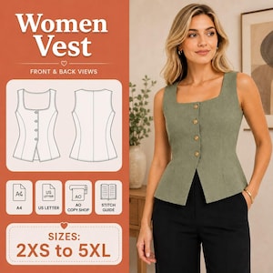 Può includere: Un gilet senza maniche color verde salvia con scollo quadrato e quattro bottoni frontali. L'immagine include un disegno tecnico al tratto che mostra le viste anteriore e posteriore, insieme a icone per i formati A4, US Letter, A0 e guida cucito.