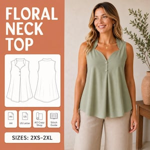 Könnte beinhalten: Ein ärmelloses salbeigrünes Oberteil mit V-Ausschnitt und zwei Knöpfen. Das Bild enthält eine technische Strichzeichnung der Vorder- und Rückseite des Kleidungsstücks, den Text FLORAL NECK TOP sowie Symbole für A4, US Letter, A0 und Nähanleitung.