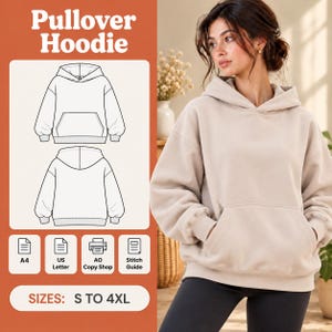 Puede incluir: Una sudadera con capucha beige que incluye capucha, mangas largas y un bolsillo tipo canguro frontal. La imagen muestra un dibujo técnico del frente y la espalda de la sudadera, con etiquetas para A4, US Letter, A0 Copy Shop y Stitch Guide.
