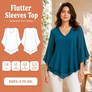 May include: A teal flutter sleeves top sewing pattern featuring a V-neckline and layered hem. The graphic includes technical line drawings of the front and back, icons for A4, US Letter, A0 copy shop, and stitch guide, with sizes S to 3XL.