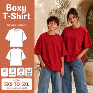 May include: A sewing pattern for a boxy t-shirt featuring a red t-shirt worn by two individuals with blue jeans. The graphic includes technical line drawings of the front and back of the shirt, text reading Boxy T-Shirt Sewing Pattern, and sizes 5XS to 5XL.