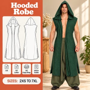 May include: A sleeveless dark green hooded robe with side slits, shown alongside a technical line drawing of the garment. The text reads Hooded Robe and SIZES: 2XS TO 7XL, with icons for A4, US Letter, A0 Copy Shop, and Stitch Guide.