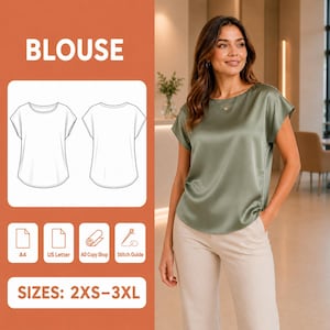 May include: A sage green satin blouse with short sleeves and a round neckline. The image includes a technical line drawing of the front and back of the blouse, icons for A4, US Letter, A0 Copy Shop, and Stitch Guide, and the text SIZES: 2XS-3XL.