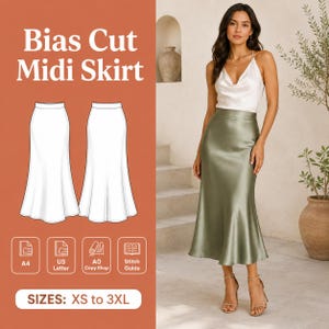 以下が含まれることがあります： Bias Cut Midi SkirtおよびSIZES: XS to 3XLと書かれたバイアスカットミディスカートの型紙。画像にはスカートの白い線画と、オリーブグリーンのサテン製ミディスカートを着用した人物の写真が表示されています。