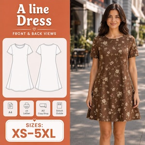 May include: A brown A-line dress with a white floral pattern, short sleeves, and a round neckline. The image includes text reading A line Dress, FRONT & BACK VIEWS, A4, US Letter, A0 Copy Shop, Stitch Guide, and SIZES: XS-5XL with line art diagrams.