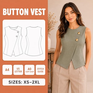 May include: A sage green sleeveless vest featuring an asymmetrical front overlap secured by two gold-toned buttons. The design includes a technical line drawing illustration, text reading BUTTON VEST, A4, US LETTER, A0 COPY SHOP, STITCH GUIDE, and SIZES: XS-2XL.