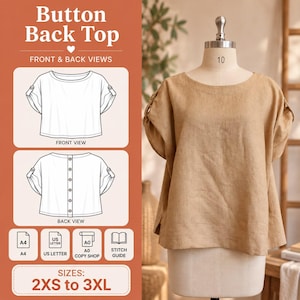 May include: A tan short-sleeved top with a round neckline and button-tab sleeves displayed on a dress form. The image includes technical line drawings labeled Button Back Top showing front and back views, with size range 2XS to 3XL.