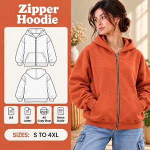 Puede incluir: Una sudadera con capucha y cremallera de color naranja quemado, con cierre frontal, capucha y dos bolsillos delanteros. La imagen incluye dibujos técnicos del frente y la espalda, con etiquetas de texto para A4, US Letter, A0 Copy Shop, Stitch Guide y S to 4XL.