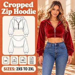 May include: A deep red velvet cropped zip hoodie with long sleeves, a hood, and a silver circular zipper pull. The image includes technical line drawings of the front and back of the hoodie, text reading Cropped Zip Hoodie, and size range 2XS to 2XL.