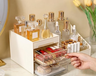 Organizer na kosmetyki z przezroczystymi szufladkami | Wielofunkcyjne miejsce do przechowywania w łazience, na biurku, na biżuterię i perfumy | 3 rozmiary