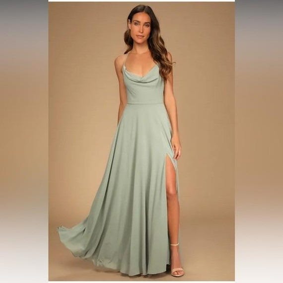 NWT- Romantically Speaking Sage Green Cowl Lace-Up Dress View 2