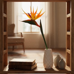 May include: A single Bird of Paradise flower with vibrant orange and purple petals on a long green stem, placed in a white geometric textured vase next to two smaller plain white vases and a stack of two brown books on a wooden shelf.