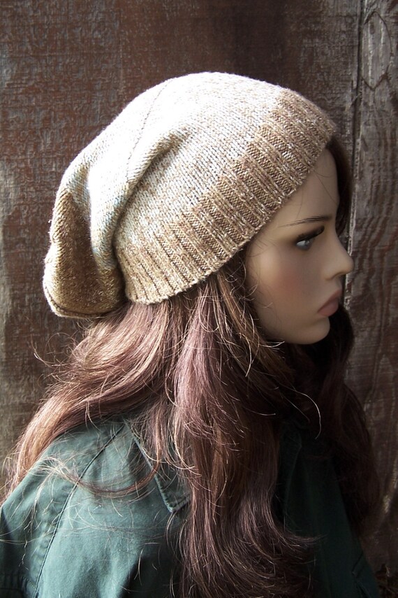 Long Gnome Style Slouch Beanie Tan Stripe Recycled Sweater Hat Etsy