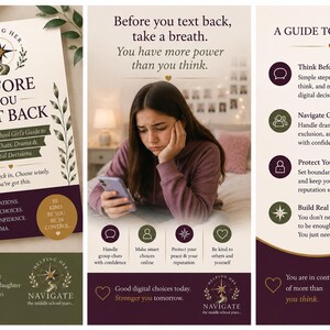 Op de afbeelding: Een boek getiteld Before You Text Back met een kompaslogo, naast een digitale gids met een persoon die naar een smartphone kijkt, en een lijst met tips voor het beheren van groepschats en het opbouwen van zelfvertrouwen op de middelbare school.