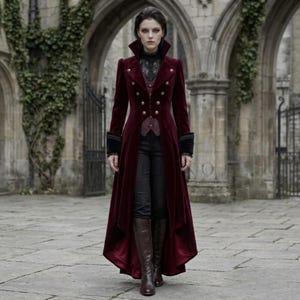 May include: A deep burgundy velvet long coat featuring a high collar, double-breasted gold buttons, and black cuffs. The coat is worn over a black lace-detailed top, a dark patterned vest, black trousers, and brown leather knee-high boots.