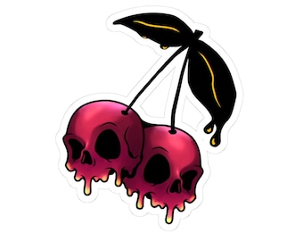 Melting Cherry Skulls Vinyl Sticker, Psychobilly Goth Macabre Design (Glossy Finish)