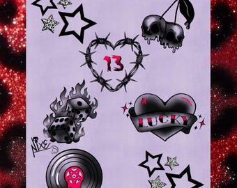 Psychobilly Small Tattoo Flash Sheet Hand Drawing - Instant Download
