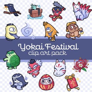 Pode incluir: Uma coleção de clip art digital intitulada Yokai Festival apresentando vários personagens ilustrados, incluindo um corvo, um oni vermelho com uma maça, uma raposa de nove caudas, uma lanterna de papel, um guarda-chuva de um olho, um tanuki e um daruma.