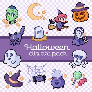 Pode incluir: Um pacote de clip art de Halloween com ilustrações de desenho animado de um monstro verde, lua crescente, bruxa em uma vassoura, abóbora, gato roxo, lápide com texto RIP, vampiro, fantasma, caveira, chapéu de bruxa, teia de aranha, aranha, caldeirão e doces.