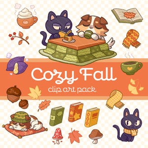 Pode incluir: Um conjunto de ilustrações digitais intitulado Cozy Fall clip art pack com um gato preto e um cão castanho e branco numa mesa, um cão a dormir numa almofada, livros, canecas, cachecóis, bolotas, cogumelos e folhas de outono em tons quentes.