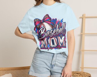 Baseball Mom T-shirt | Baseball with Bow Graphic, Pink Blue Retro Script