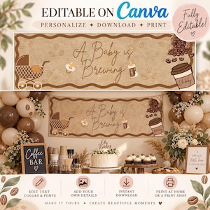 Puede incluir: Una pancarta rectangular con fondo color canela que presenta el texto A Baby is Brewing, un cochecito de bebé, un chupete, un biberón y una taza de café. El diseño incluye granos de café dispersos y un borde marrón ondulado. Editable en Canva.