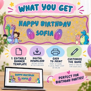 Può includere: Uno striscione di compleanno rettangolare con sfondo beige, bordo ondulato viola, testo blu HAPPY BIRTHDAY SOFIA, draghi a cartoni animati e due uova viola. Sotto sono presenti icone per il download e la stampa.